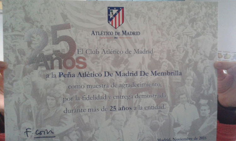 La Peña Atlético de Madrid de Membrilla es homenajeada en el Calderón por su 25 aniversario